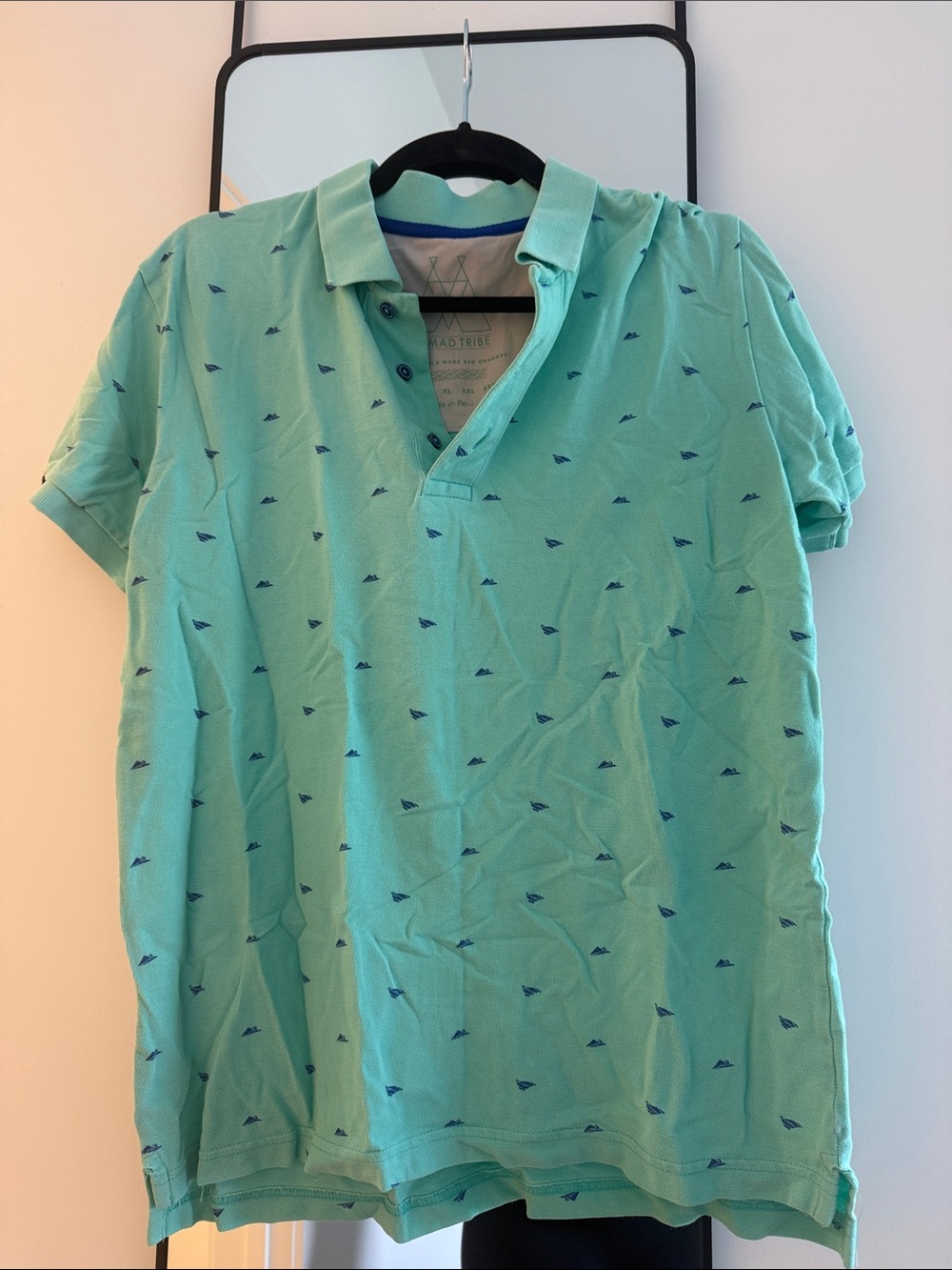 Men's Mint Green Polo Shirt with Navy Micro Print